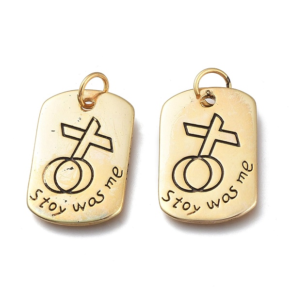 PandaHall Brass Pendants, with Jump Rings, Long-Lasting Plated, Rectangle with Female Gender Sign, Word Stoy Was Me, Antique Golden...