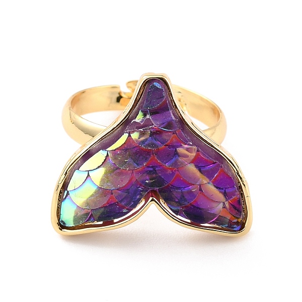 PandaHall Mermaid Fishtail Resin Adjustable Finger Ring, Brass Ring for Girl Women, Golden, Dark Violet, US Size 7(17.3mm) Brass