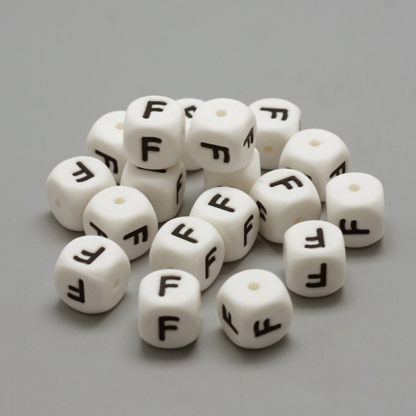 

PandaHall Food Grade Eco-Friendly Silicone Beads, Chewing Beads For Teethers, DIY Nursing Necklaces Making, Letter Style, Cube, Letter.F..., White