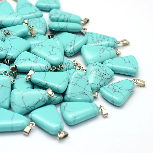 

PandaHall Trapezoid Dyed Synthetic Turquoise Pendants, with Platinum Tone Brass Findings, 24~25.5x16.5~17x5~6mm, Hole: 2x7mm Synthetic...