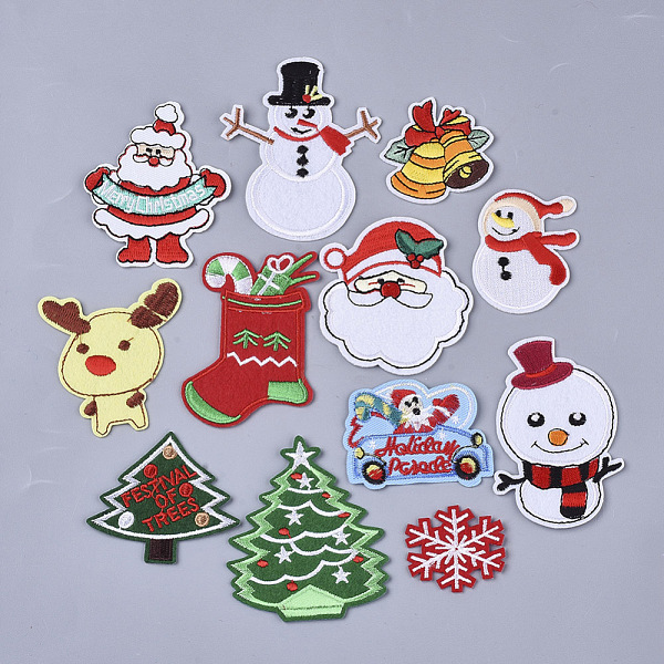 

PandaHall Christmas Theme, Computerized Embroidery Cloth Iron On/Sew On Patches, Appliques, Father Christmas & Bell & Milu Deer & Christmas..., Multicolor