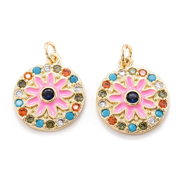

PandaHall Real 18K Gold Plated Brass Micro Pave Cubic Zirconia Pendants, with Enamel and Jump Ring, Long-Lasting Plated, Flat Round with..., Pink