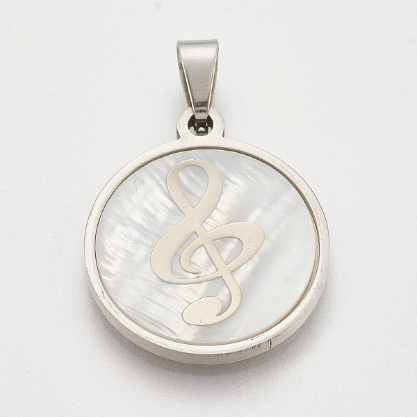 PandaHall 201 Stainless Steel Pendants, with Shell, Flat Round with Treble Clef, Stainless Steel Color, 23x20x3~4mm, Hole: 3x6mm Stainless...