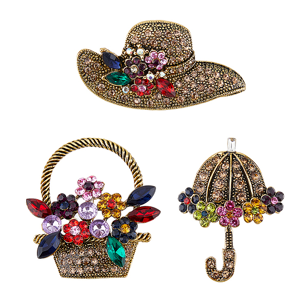 PandaHall SUPERFINDINGS 3Pcs 3 Style Colorful Rhinestone Umbrella & Hat & Flower Basket Brooch Pin, Cute Alloy Badge for Backpack Clothes...