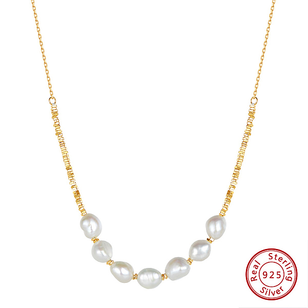 

PandaHall 925 Sterling Silver with Natural Pearls Beads Necklaces, Round, Real 14K Gold Plated, 16.06 inch(40.8cm) Pearl Round White