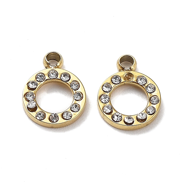 

PandaHall Ion Plating(IP) 304 Stainless Steel Charms, with Crystal Rhinestone, Ring Charm, Real 18K Gold Plated, 8x6x1.5mm, Hole: 1.2mm..., Clear