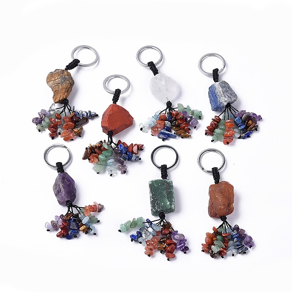PandaHall Natural Mixed Gemstone Nugget with Mixed Gemstone Chips Tassel Keychains, with 304 Stainless Steel Ring Clasps, 9~10.5cm Mixed...