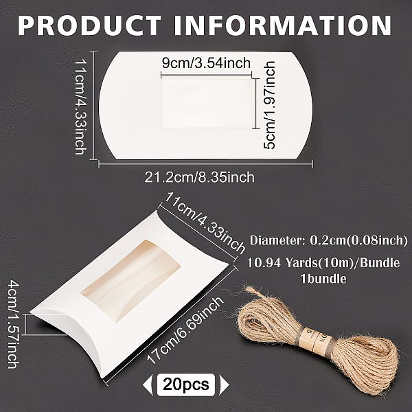 

PandaHall BENECREAT 20Pcs Pillow Favour Boxes, 17x11x4cm White Kraft Pillow Boxes with PVC Clear Windows and 10m Jute Cord for Wedding Party...