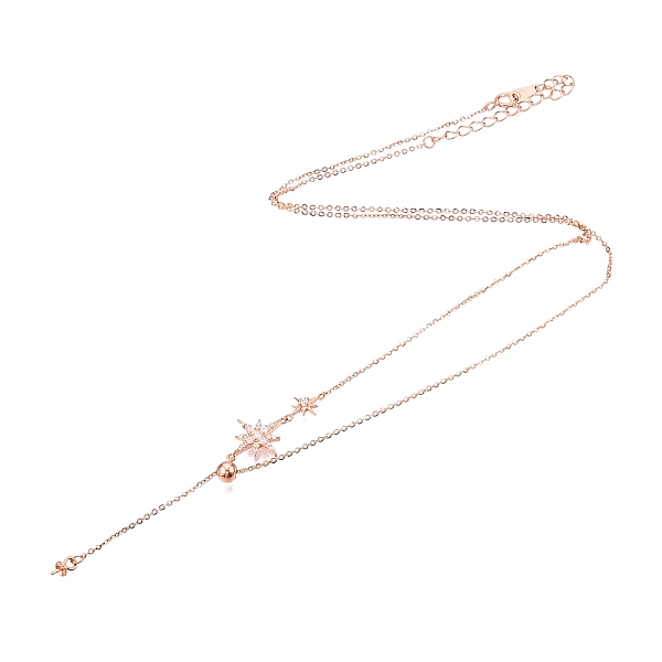 925 Sterling Silver Clear Cubic Zirconia Star Tassel Necklace Making, for Half Drilled Beads, with 925 Stamp, Rose Gold, 17.91 inch(45.5cm), Pin: 0.8mm