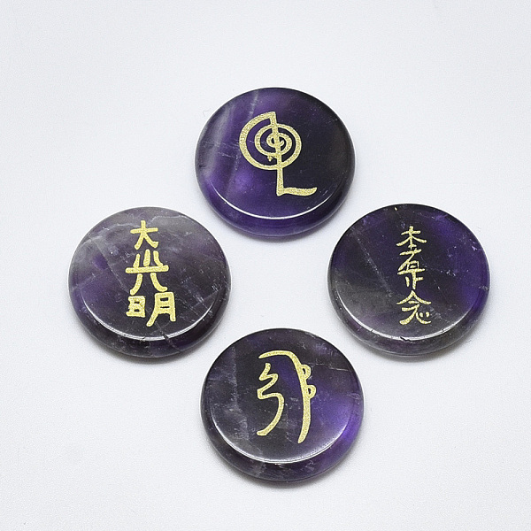 

PandaHall Natural Amethyst Cabochons, Flat Round with Buddhist Theme Pattern, 25x5.5mm, 4pcs/set Amethyst Flat Round