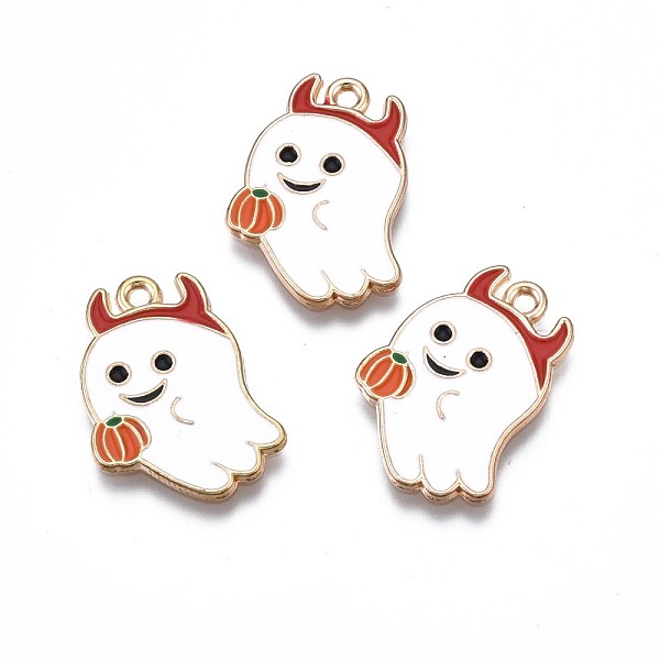 

PandaHall Alloy Enamel Pendants, Light Gold, Cadmium Free & Lead Free, Ghost with Horn & Pumpkin, for Halloween, White, 22.5x17x1mm, Hole...