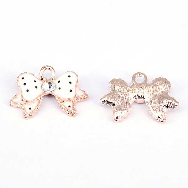 

PandaHall Rack Plating Alloy Enamel Pendants, with Crystal Rhinestone, Bowknot, Light Gold, White, 17x25x5mm, Hole: 2.5mm Alloy...