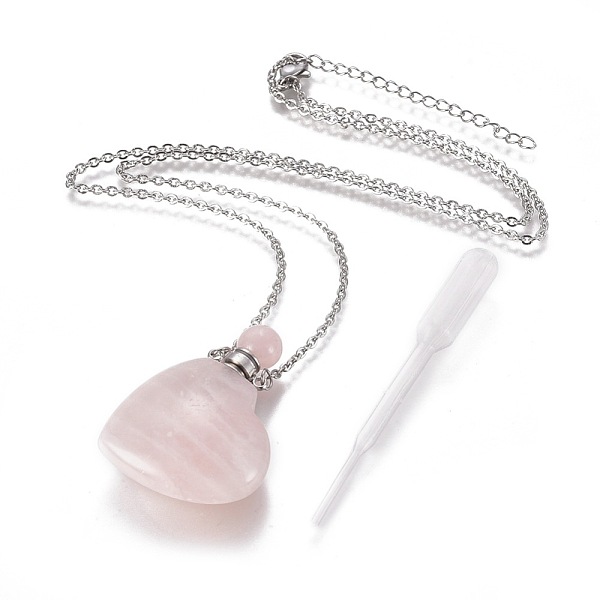 

PandaHall Natural Rose Quartz Openable Perfume Bottle Pendant Necklaces, with Stainless Steel Cable Chain and Plastic Dropper, Heart...