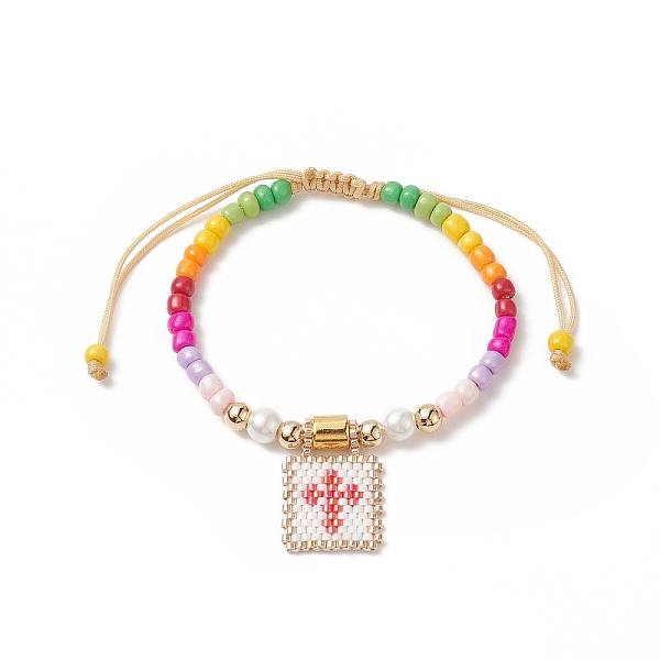 

PandaHall Glass Seed Braided Bead Bracelet, Rectangle with Heart Charm Bracelet for Women, White, Inner Diameter: 2~3-1/8 inch(5~8cm) Glass...