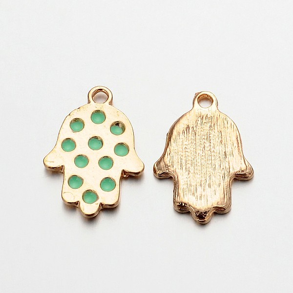 

PandaHall Light Gold Plated Alloy Enamel Hamsa Hand/Hand of Fatima/Hand of Miriam Pendants for Buddha Jewelry, Aquamarine, 23x16x2mm, Hole..., Green