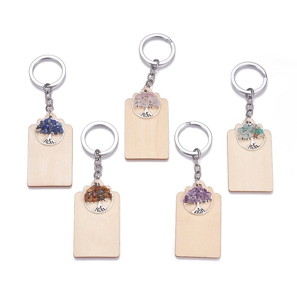 

PandaHall Wood Keychain, with Natural Mixed Gemstone Chip Beads, Brass Jump Rings and Alloy Pendants, Rectangle and Flat Round with Tree of..., Orange