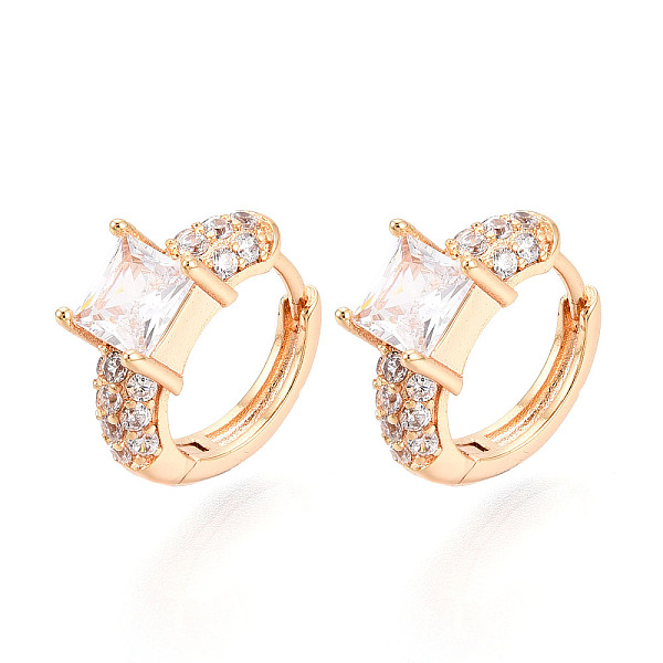 Brass Micro Pave Clear Cubic Zirconia Square Hoop Earrings