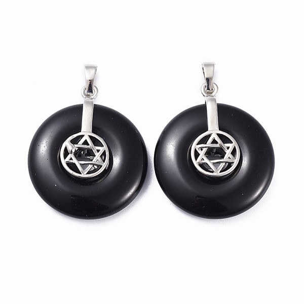 

PandaHall Natural Obsidian Pendants, for Jewish, with Platinum Tone Brass Findings, Donut/Pi Disc with Star of David, 35.5x30x8.5~9.5mm..., Black