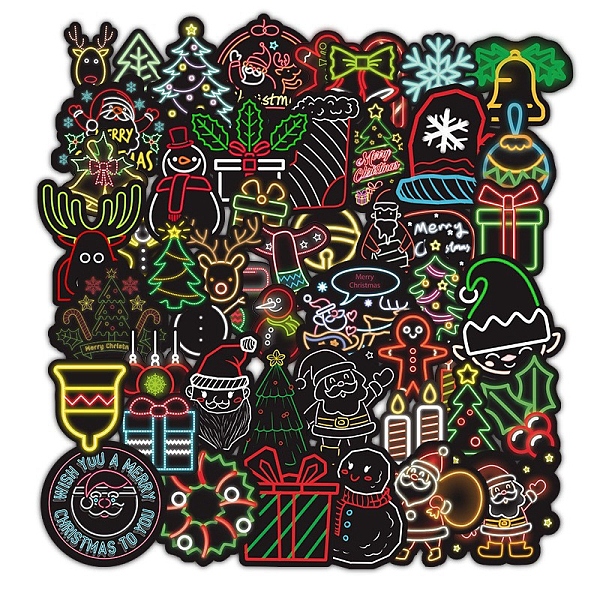 PandaHall 50Pcs Christmas PVC Self Adhesive Stickers, Neon Style Waterproof Decals for Water Bottle, Helmet, Luggage, Mixed Shapes, 40~73mm...