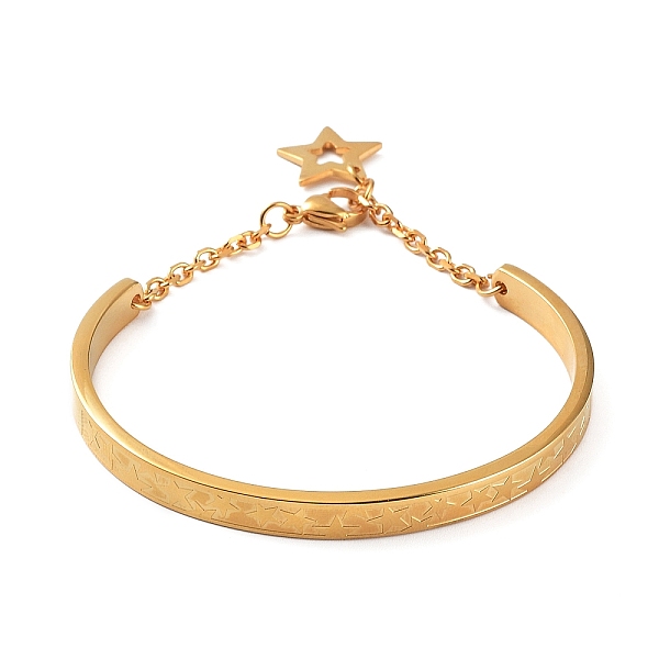 

PandaHall Ion Plating(IP) 304 Stainless Steel Star Bangles with Charms, with Safety Chains, Golden, Inner Diameter: 2-3/8 inch(6cm) 304...
