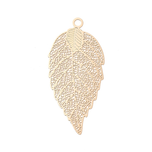

PandaHall Rack Plating Brass Filigree Big Pendants, Long-Lasting Plated, Leaf Charms, Light Gold, 52.5x25x0.3mm, Hole: 2.5mm Brass Leaf
