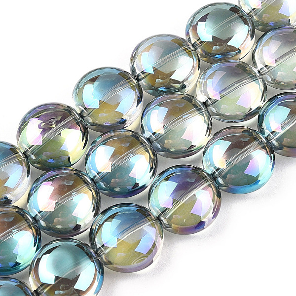 

PandaHall Transparent Electroplate Glass Bead Strands, Rainbow Plated, Flat Round, Dark Sea Green, 12x8mm, Hole: 1.2mm, about 50pcs/strand...