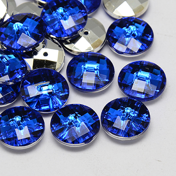 PandaHall Taiwan Acrylic Rhinestone Buttons, Faceted, 2-Hole, Disc, Blue, 10x4mm, Hole: 1mm Acrylic Rhinestone Disc Blue