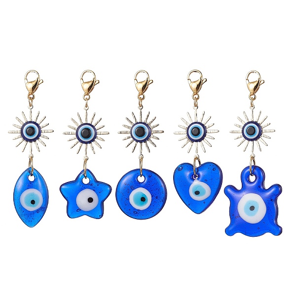 

PandaHall Glass Mixed Shapes with Evil Eye & Brass Sun Pendant Decorations, with 304 Stainless Steel Lobster Claw Clasps, Blue, 72~76mm...