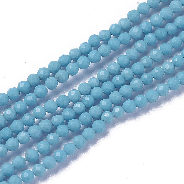 

PandaHall Synthetic Turquoise Beads Strands, Faceted, Round, 3~3.5x2.5~3mm, Hole: 0.3mm, about 114~141pcs/strand, 15.1~16.4 inch...