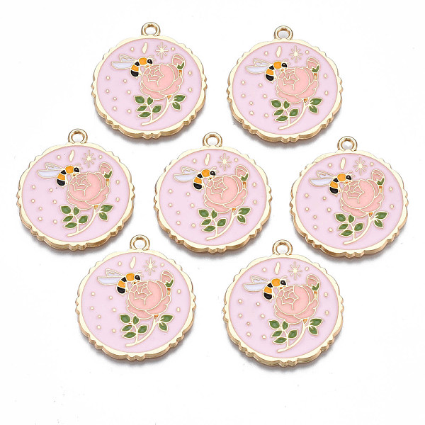 

PandaHall Rack Plating Alloy Enamel Pendants, Cadmium Free & Nickel Free & Lead Free, Light Gold, Flat Round with Flower, Pink, 28x25x1.5mm...