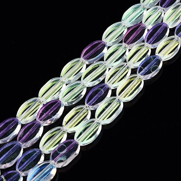 

PandaHall Painted Transparent Glass Beads Strands, Oval, Blue Violet, 10x6x3mm, Hole: 1mm, about 54~60Pcs/strand, 20.47~23.62''(52~60cm)...