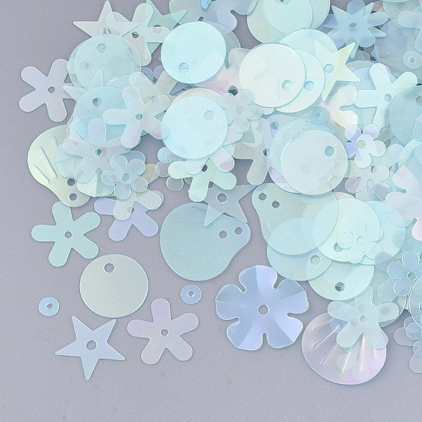 

PandaHall Ornament Accessories, PVC Plastic Paillette/Sequins Beads, Frosted, Mixed Shapes , Light Cyan, 3~13.5x3~13.5x0.2mm, Hole...