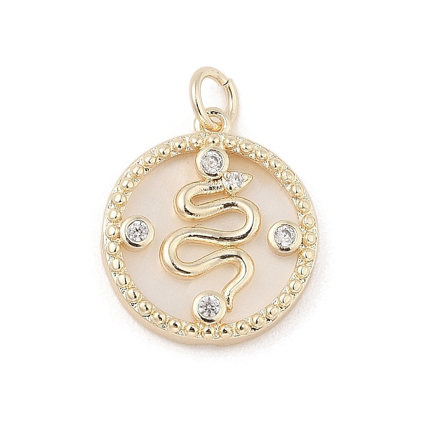 

PandaHall Brass Micro Pave Clear Cubic Zirconia Pendants, with Natural White Shell and Jump Ring, Flat Round with Snake, Real 18K Gold...