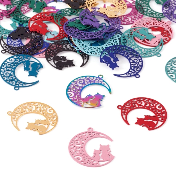 

PandaHall 48Pcs 12 Colors 430 Stainless Steel Kitten Pendants, Spray Painted, Etched Metal Embellishments, Crescent Moon with Couple Cat..., Multicolor