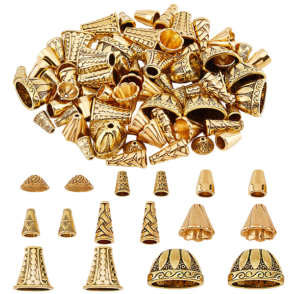 

PandaHall 80 Pcs Cone Bead Caps, 8 Styles Tibetan Style Alloy Cone Bead Caps Antique Golden Flower Beads Spacer End Caps for Earring...