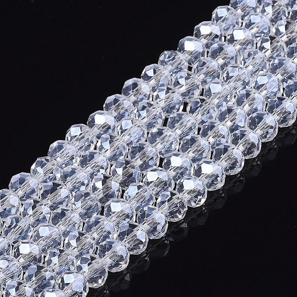 

PandaHall Electroplate Glass Beads Strands, Pearl Luster Plated, Faceted, Rondelle, Clear, 8x6mm, Hole: 1mm, about 63~65pcs/strand, 39~40cm...
