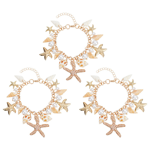 

PandaHall 3Pcs Natural Conch Shell & Alloy Starfish & CCB Plastic Pearl Charm Bracelet, Ocean Theme Jewelry for Women, Golden, 7-1/2 inch...