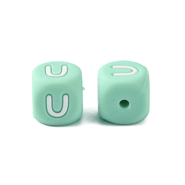 

PandaHall Silicone Beads for Bracelet or Necklace Making, Turquoise Cube with Word, Letter.U, 12x12x12mm, Hole: 3mm Silicone Cube Green