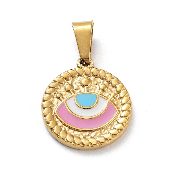 

PandaHall Ion Plating(IP) 304 Stainless Steel Pendants, with Enamel, Golden, Flat Round with Evil Eye Charm, Pearl Pink, 18.5x16.5x2mm, Hole...