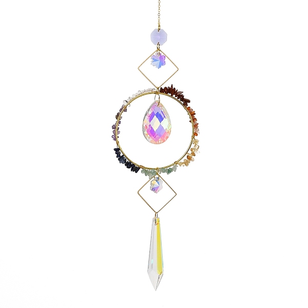 

PandaHall Natural Mixed Stone Chips Hanging Ornaments, Glass Teardrop Hanging Suncatcher, 420mm Mixed Stone Chip