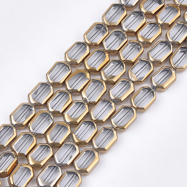 

PandaHall Electroplate Glass Beads Strands, Edge Plated, Rectangle, Clear, 9~9.5x6~6.5x3.5mm, Hole: 1mm, about 28pcs/strand, 10.6 inch Glass...