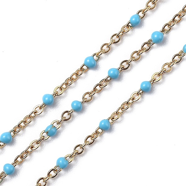 PandaHall Vacuum Plating 304 Stainless Steel Cable Chains, with Enamel and Spool, Soldered, Golden, Light Sky Blue, 1.5~2mm, about 32.8 Feet