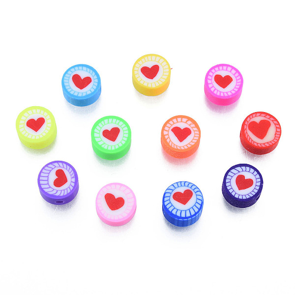 

PandaHall Handmade Polymer Clay Beads, Flat Round with Heart, Mixed Color, 9.5~10x4.5~5mm, Hole: 1.6mm Polymer Clay Flat Round Multicolor