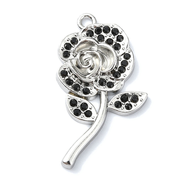 

PandaHall Rack Plating Alloy with Black Rhinestone Pendants, Rose, Platinum, 36x20x4mm, Hole: 2mm Alloy+Rhinestone Flower Black
