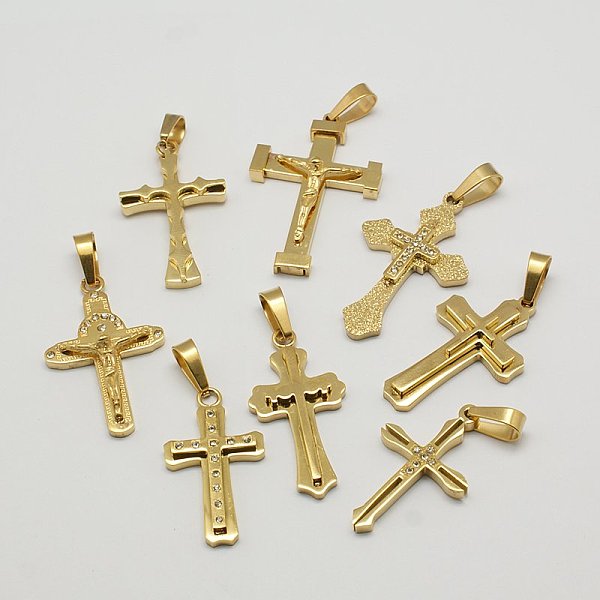 

PandaHall 304 Stainless Steel Pendants, with Rhinestone, Mixed Style, Golden Metal Color, Cross, Cross, 28~33x15~22x2.5~6mm, Hole: 7x4mm...
