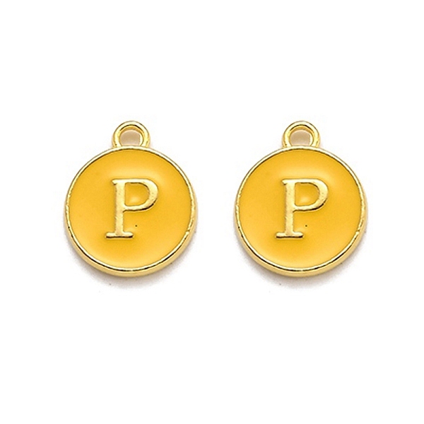 

PandaHall Golden Plated Alloy Enamel Charms, Enamelled Sequins, Flat Round with Alphabet, Letter.P, Yellow, 14x12x2mm, Hole: 1.5mm...