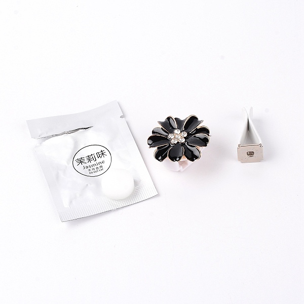 PandaHall Zinc Alloy with Rhinestones Car Perfume Decoration Set, Chrysanthemum, Black, 32.5x16mm, Inner Diameter: 17x9mm Alloy Black