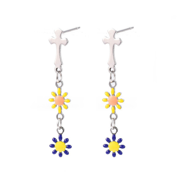 

PandaHall Cross with Flower Enamel Long Dangle Stud Earrings, Stainless Steel Color Plated 304 Stainless Steel Jewelry for Women, Dark Blue...