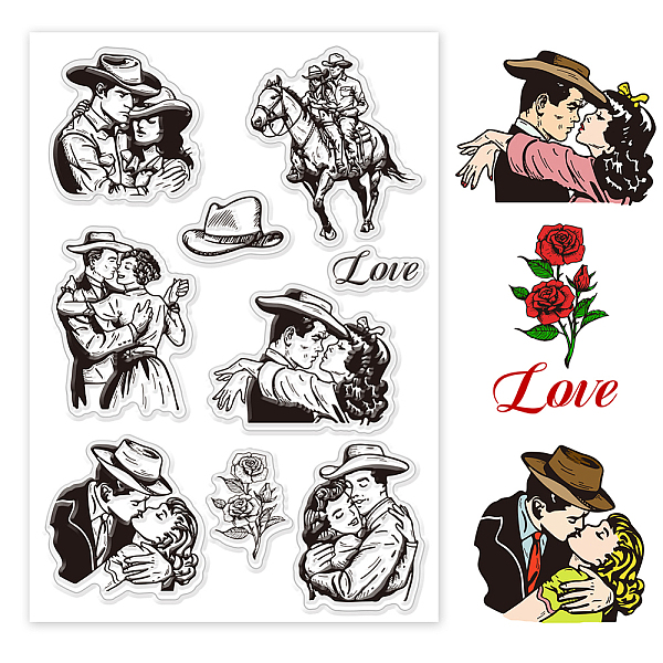 

PandaHall GLOBLELAND Vintage Cowboy Couple Clear Stamps for Cards Making Retro Rose Clear Stamp Seals Transparent Stamps for DIY...