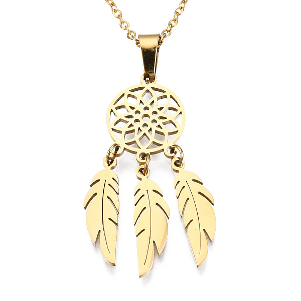 

PandaHall 201 Stainless Steel Pendants Necklaces, with Cable Chains and Lobster Claw Clasps, Woven Net/Web with Feather, Golden, 17.71 inch...